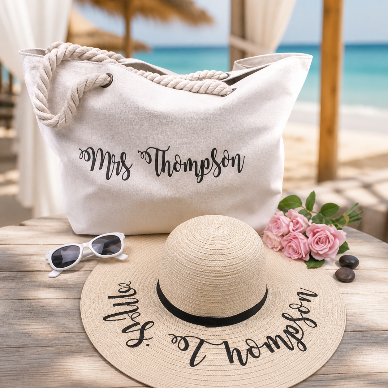 Personalised Beach Bag with Sun Hat