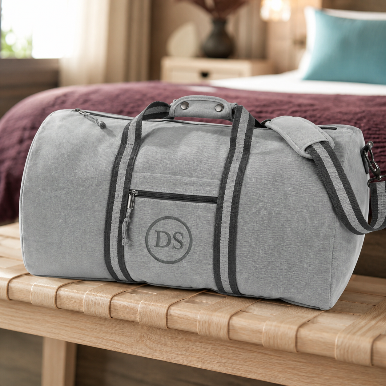 Personalised Vintage Grey Canvas Duffle Bag